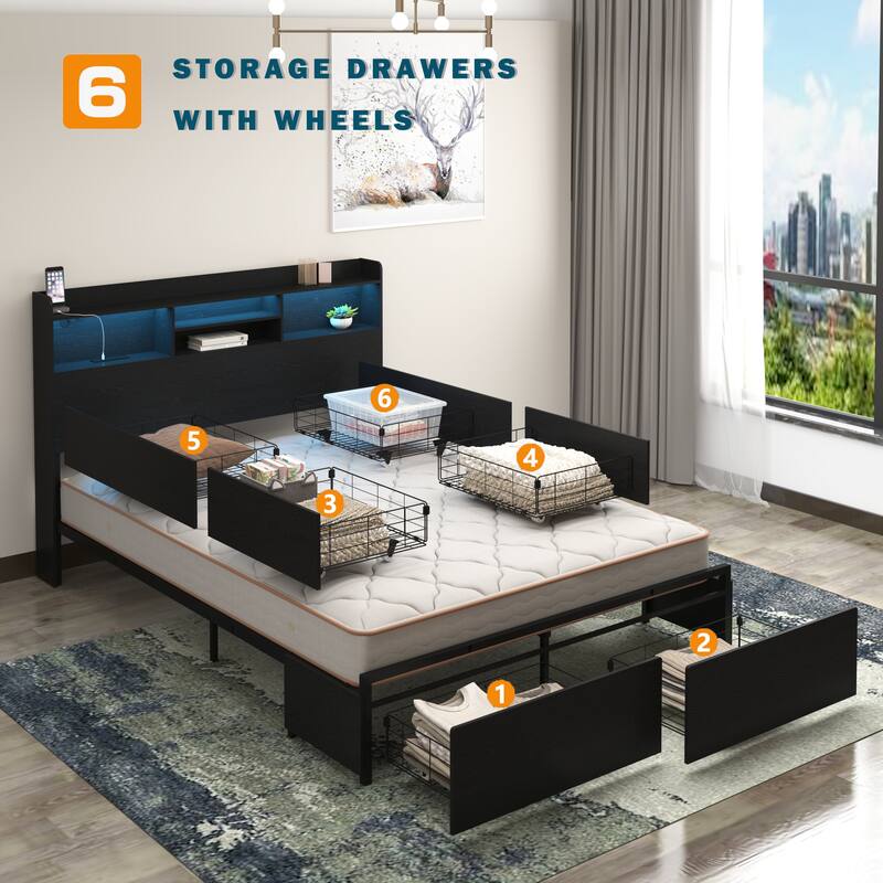 Full Bed Frame with 6 Storage Drawers Full Bed Frame with Headboard and Storage Shelf, Storage Bed