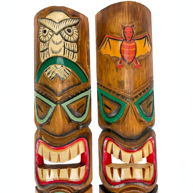 Zeckos Double Tiki Mask Bat & Owl Carved Wall Sculpture (Set Of 2)