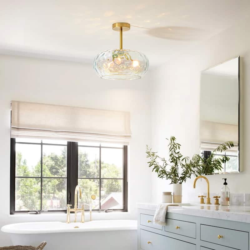 14.2" W 3-Light Modern Gold Dome Semi-Flush Mount Ceiling Light with Water Glass Shade for Foyer, Bedroom