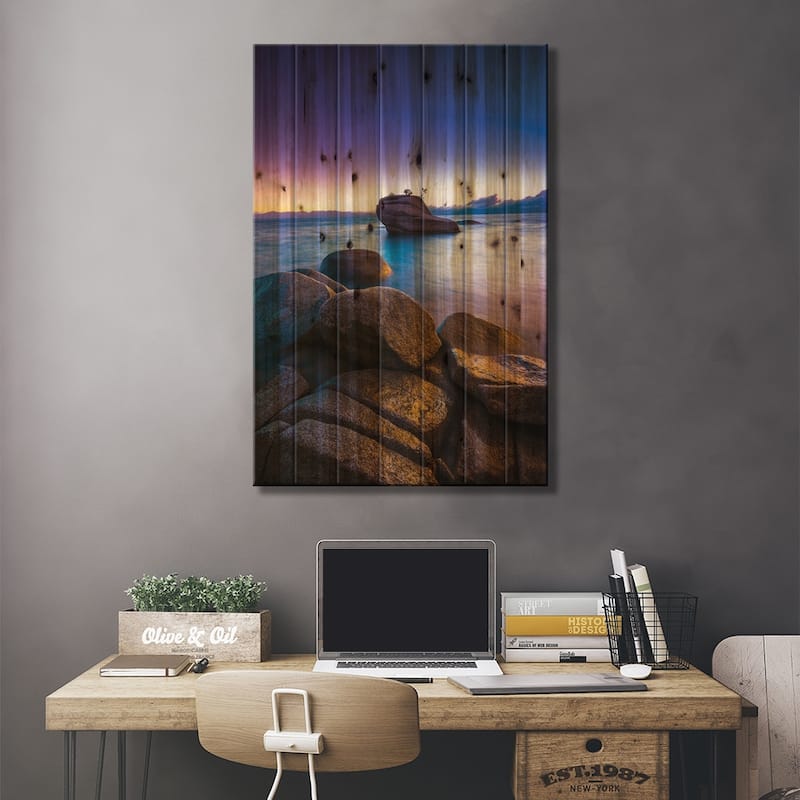 Bonsai Rock at sunset, Lake Tahoe, Nevada, USA Print On Wood by Russ Bishop - Multi-Color