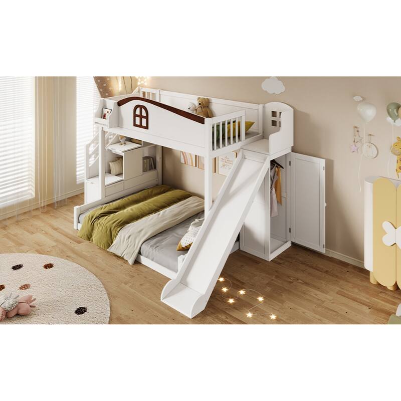 Roomfitters Twin Over Full Bunk Bed with Slide, Wardrobe and Storage Staircase
