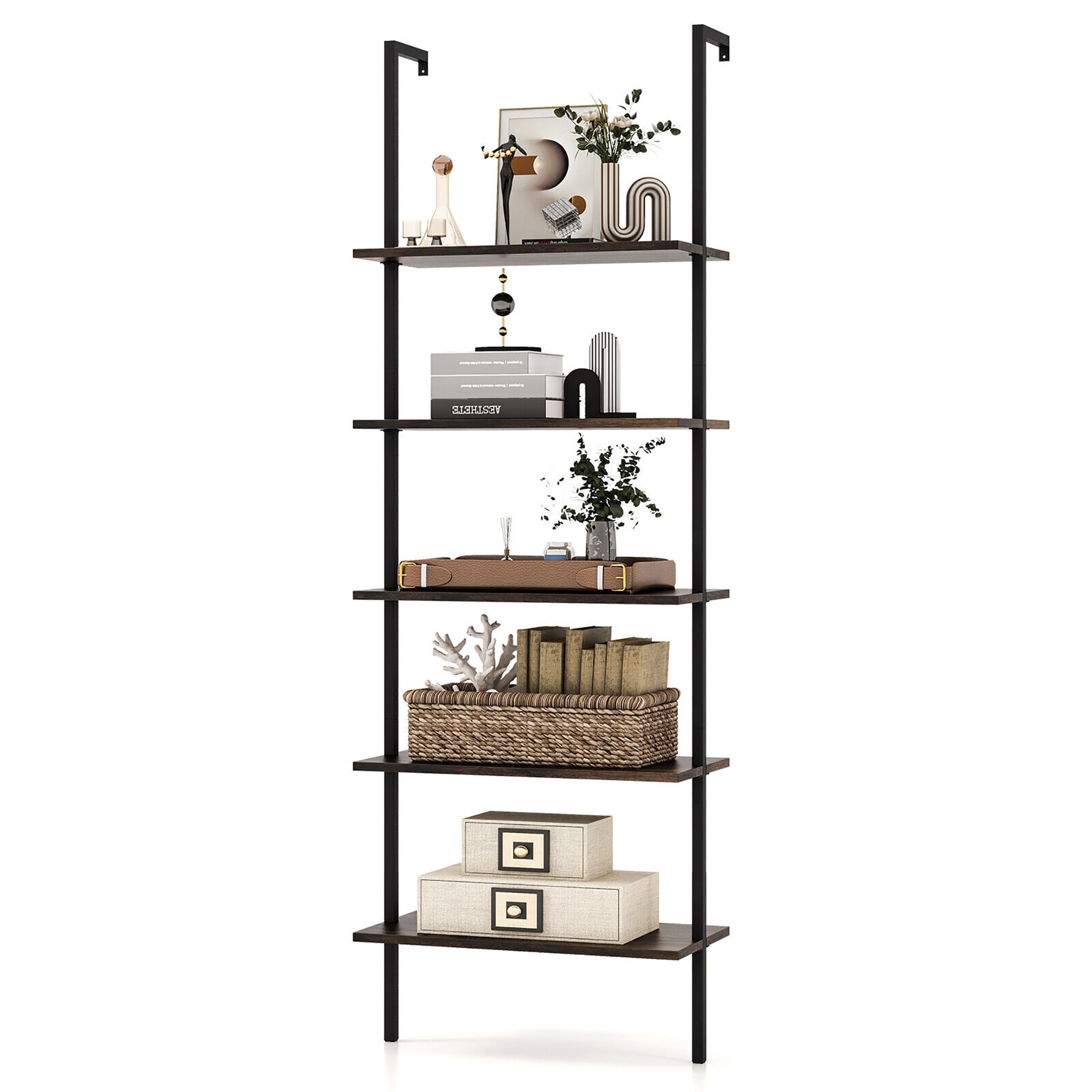 Gymax 5 Tier Ladder Shelf 71'' Height Wall-Mounted Bookshelf Display