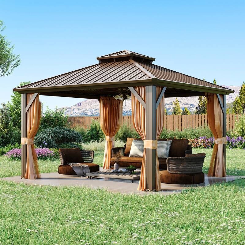 Outdoor Gazebo with Dual Galvanized Steel Roof, Aluminum Framework, Privacy Curtains, and Mosquito Netting - 12'×'12 - Brown