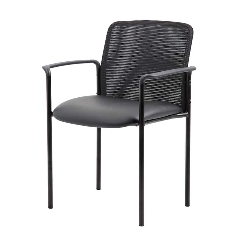 Vayu Guest Armchair, Black Mesh and Vinyl, Stackable Steel Frame