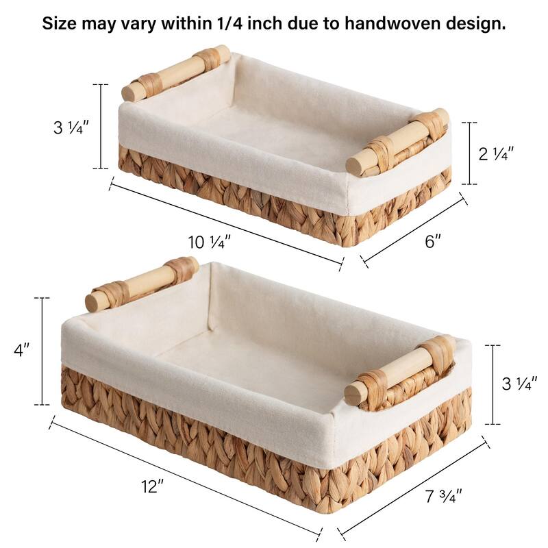 2-pack Natural Wicker Baskets with Liner and Handle, Storage Basket for Bathroom, Living Room, Kitchen - 3.25"D x 12"W x 7.75"H