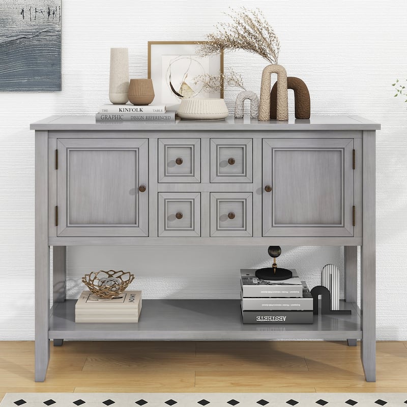 Vintage Ample Storage Console Table with 2 Large Cabinets 4 Small Drawers and Bottom Shelf