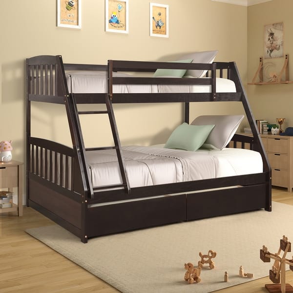 slide 2 of 9, Twin Over Full Solid Wood Bunk Bed with Two Storage Drawers and Removable Ladder Espresso