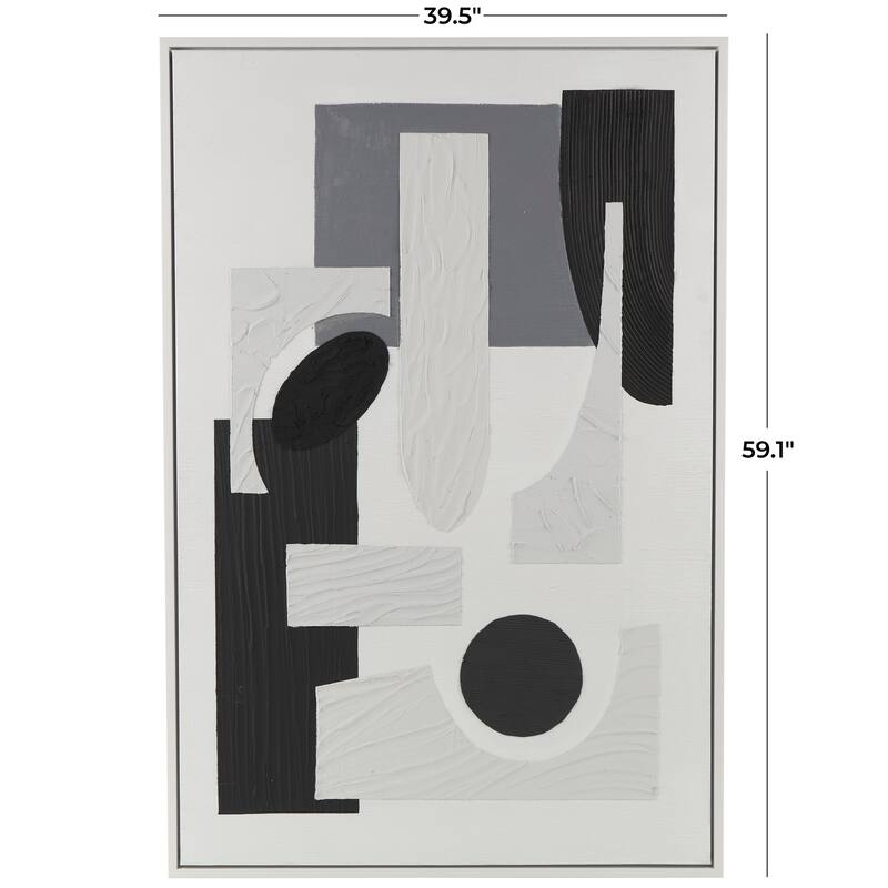 Black or White Canvas Textured Abstract Framed Wall Art with Various Geometric Shapes and White Accents