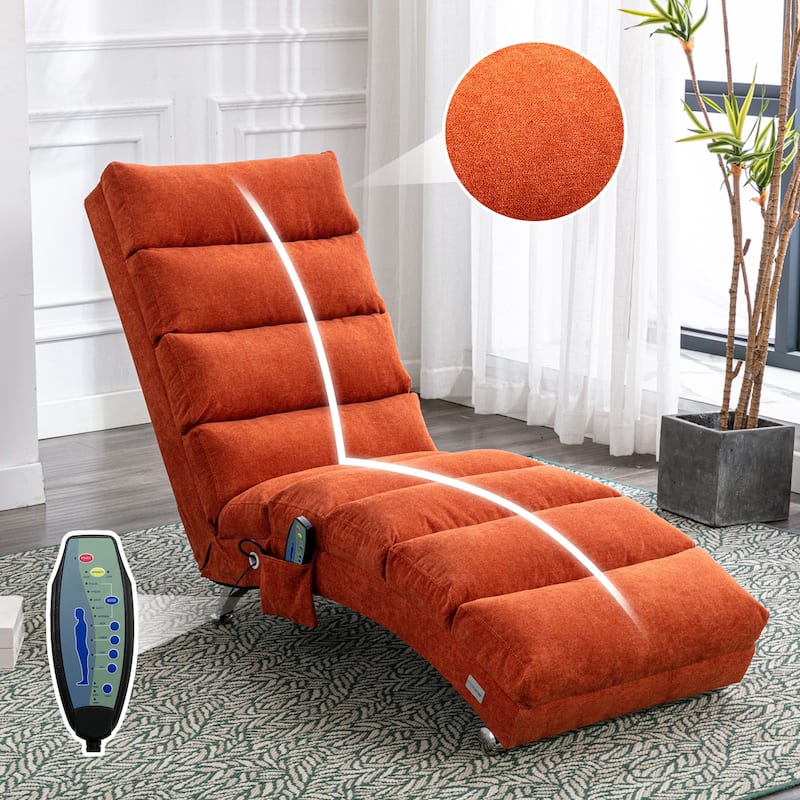 Luxury Upholstered Chaise Lounge Chair with Vibration for Relaxation, Fixed Back Fabric Leisure Recliner Sofa - Orange