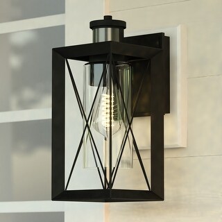 Milton Matte Black Motion Sensor Dusk to Dawn Outdoor Wall Light Transitional Clear Glass - 6-in W x 14-in H x 7-in D