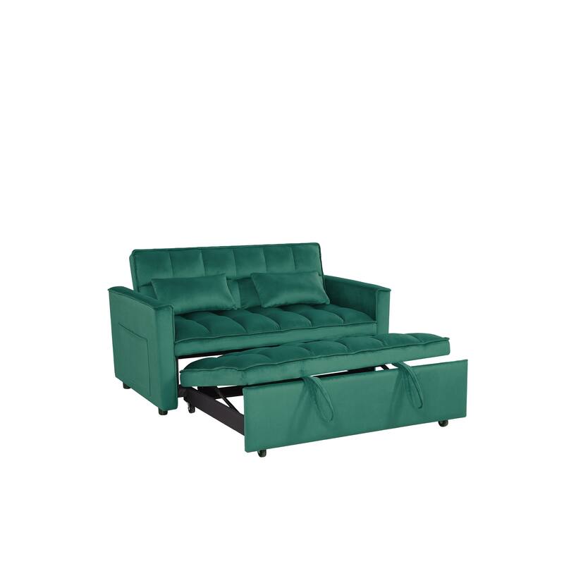 54” Velvet Pull-out Sleeper Sofa Bed,with 3 Adjusting Reclining Back & Storage - Solid Wood Frame,Twin Size-54” x 35.5” x 30”H