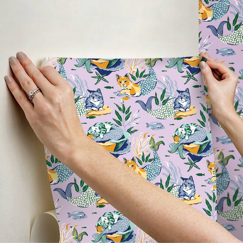 PrintFresh Meowing Mermaids Lavender Peel and Stick Wallpaper