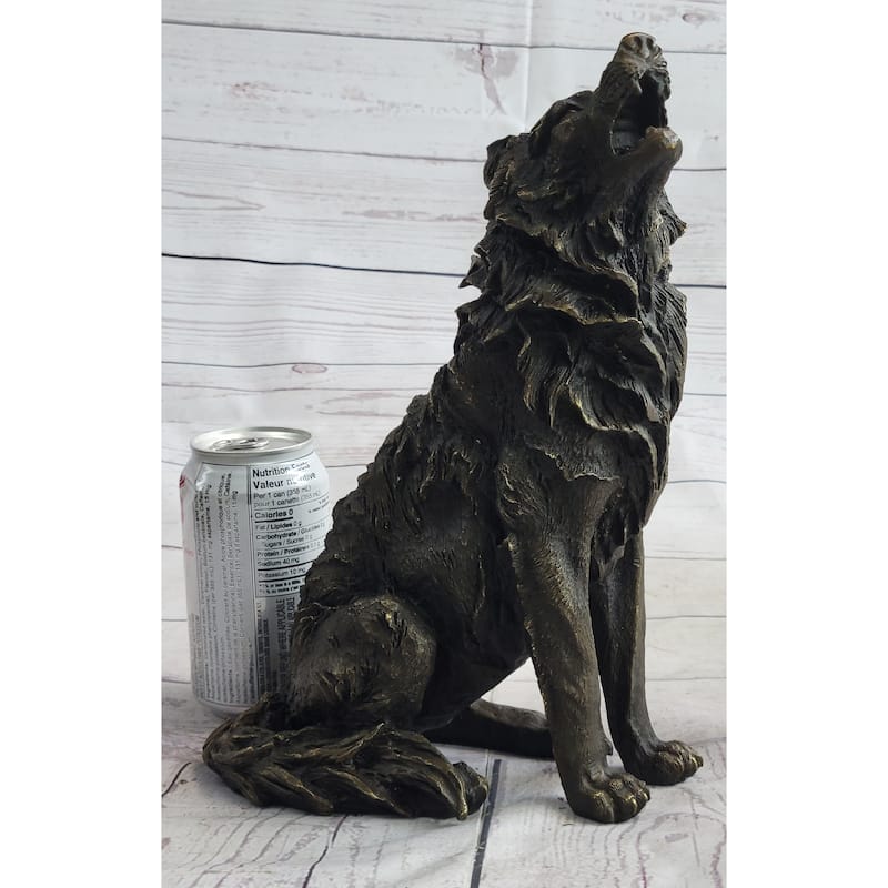 Wolf Howling At The Moon Bronze Statue Sculpture Figurine Signed Art 11 Inches X 12 Inches