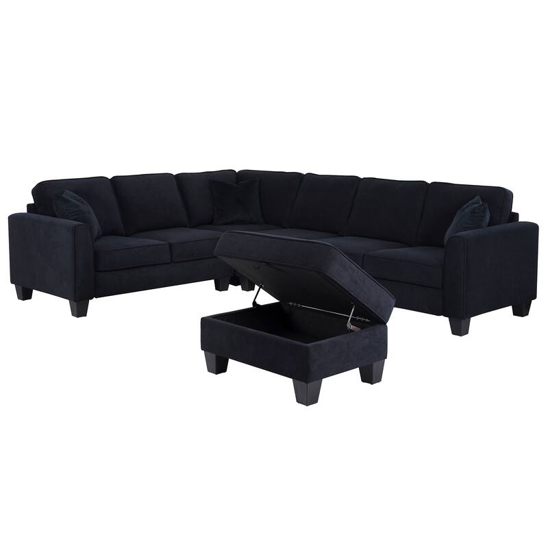 112" Width Black L-Shape Sectional Livingroom Modular Sofa With Storage Ottoman
