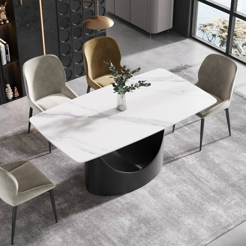 71" Sintered Stone Dining Table for Up To 8,Solid Black Carbon Steel Base - White&Black