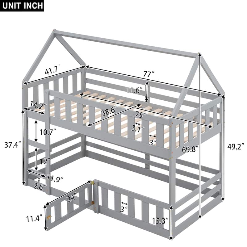 Twin Over Twin House Bunk Bed - with Fence & Door
