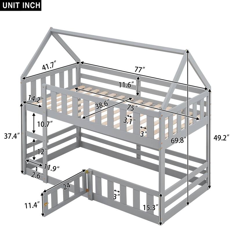 Twin Size House Bunk Bed with Roof, Fence Guardrails, and Door, Sturdy Pine Wood Frame