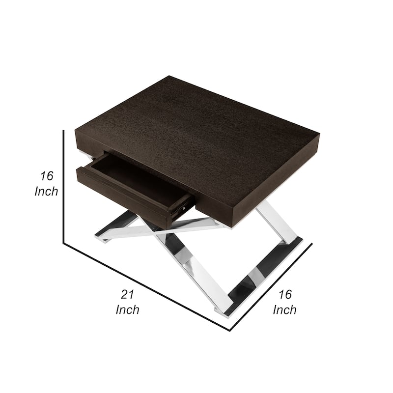 Rix 21 Inch Side End Table, 1 Drawer, X Steel Legs, Espresso Brown Wood