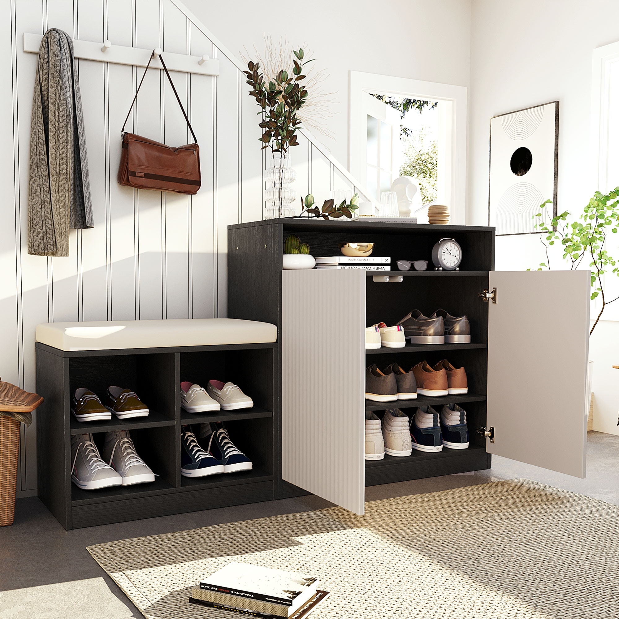 Living Room Storage Console Table with Shoe Bench, Wooden Entryway Cabinet with 2 Doors and 3-Tier Adjustable Shelves