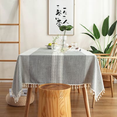 Enova Home Light Grey High Quality Rectangle Cotton and Linen Tablecloth with Tassels