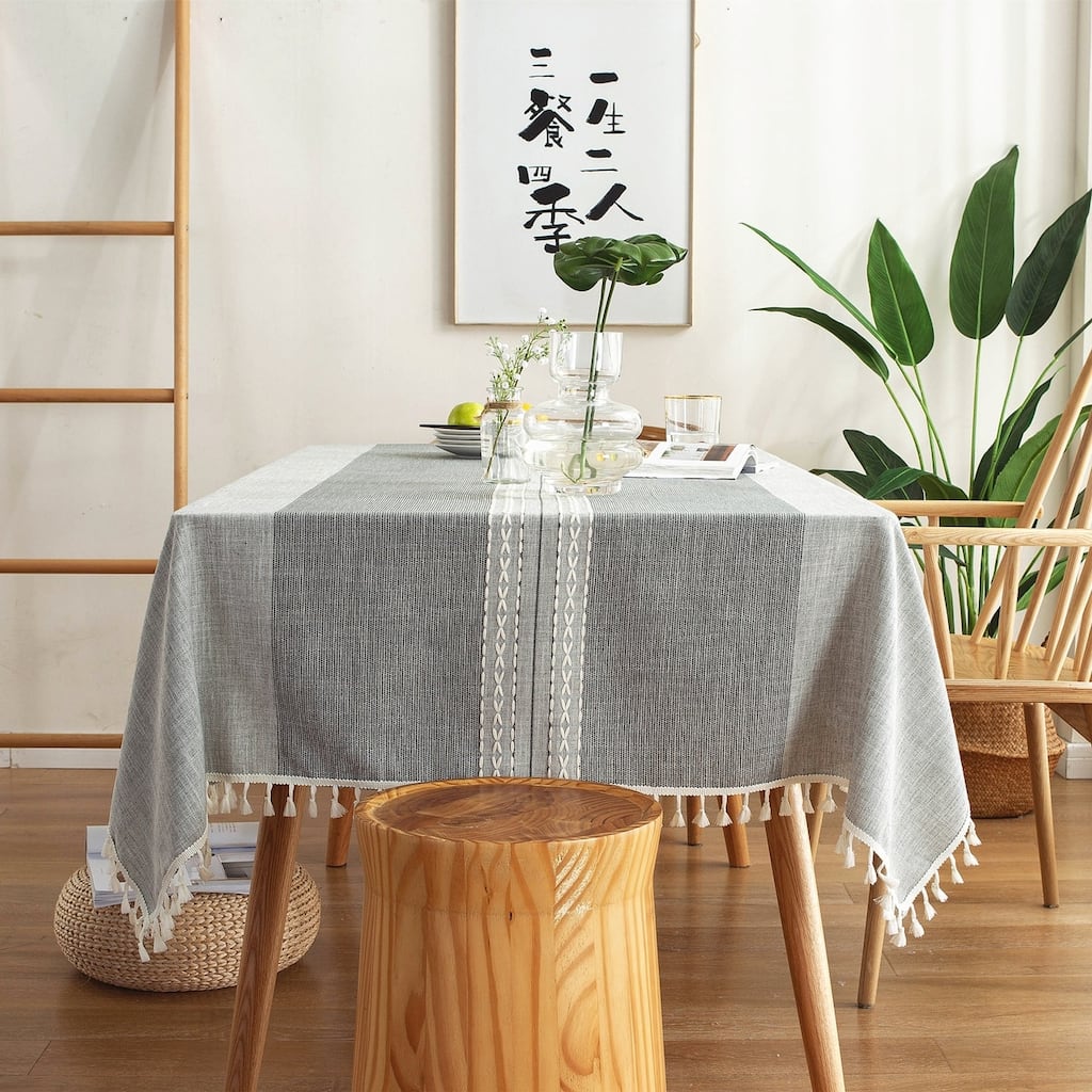 Enova Home Light Grey High Quality Rectangle Cotton and Linen Tablecloth with Tassels