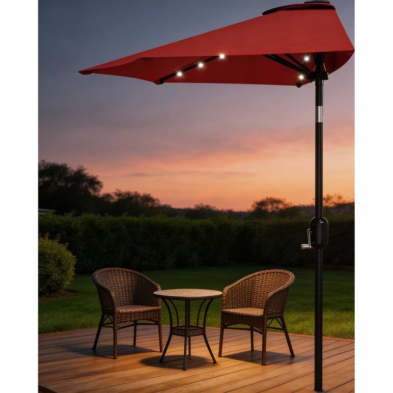 9ft Outdoor Patio Half Umbrella, with Solar LED Lights and Smooth Crank Lift - Red