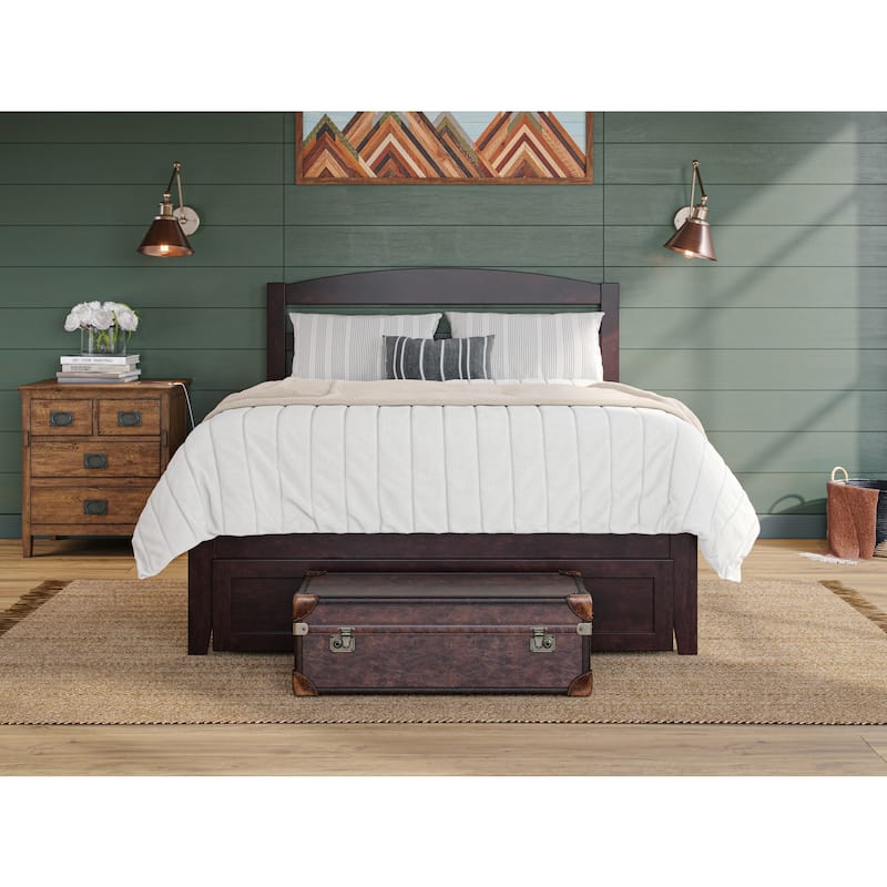 Solid Wood Platform Bed - Full Size Espresso - Storage Drawer & Charging Station - Modern Minimalist Design