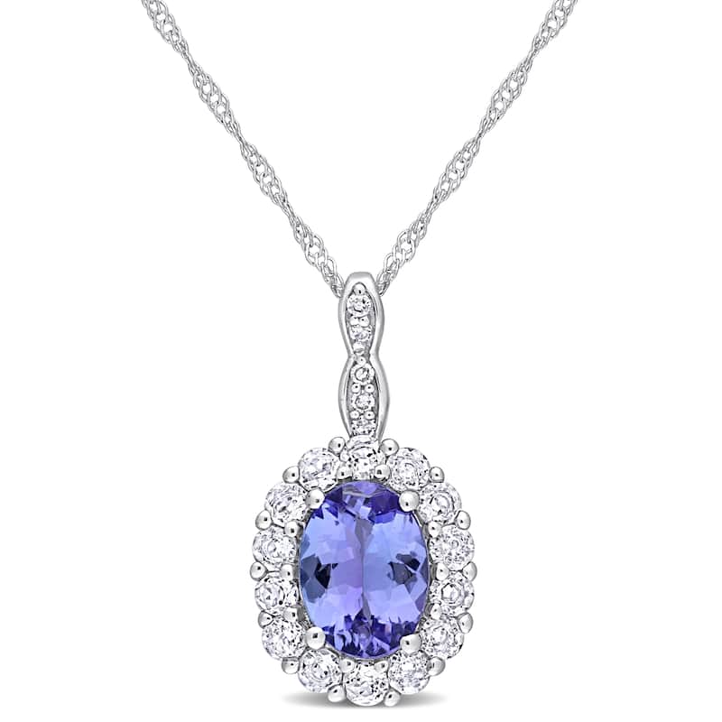Miadora 14k White Gold Oval-cut Tanzanite White Topaz & Diamond Accent Halo Necklace