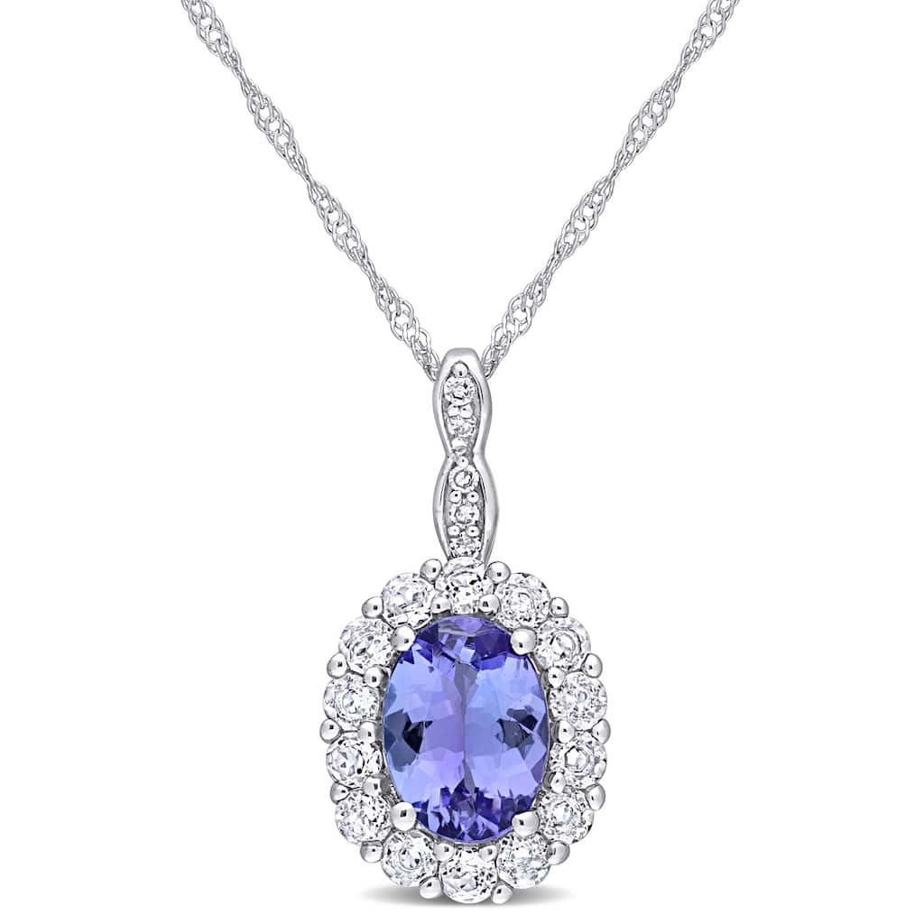 Miadora 14k White Gold Oval-cut Tanzanite White Topaz & Diamond Accent Halo Necklace