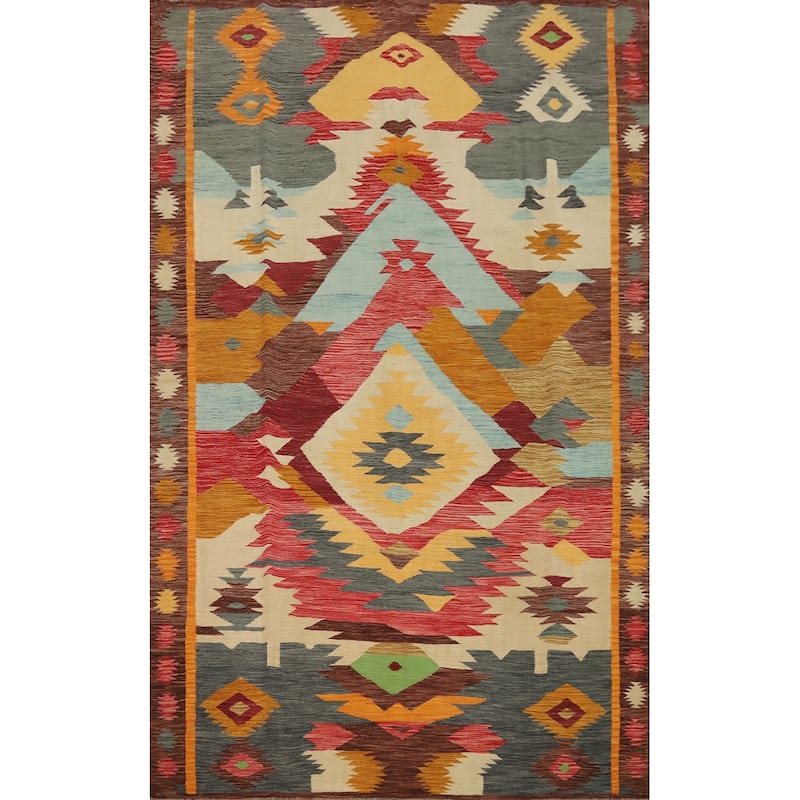 Hand Woven Oriental 100% Wool Carpet Southwestern Tribal Multi-Colored Kilim Area Rug - 9' 10'' X 6' 8''
