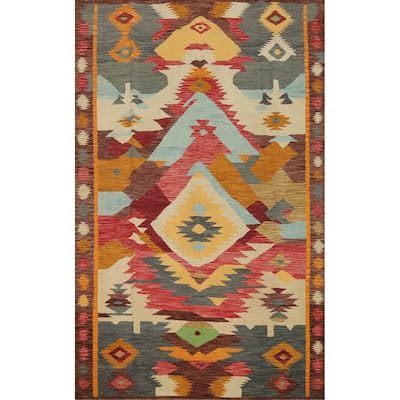 Hand Woven Oriental 100% Wool Carpet Southwestern Tribal Multi-Colored Kilim Area Rug - 9' 10'' X 6' 8''