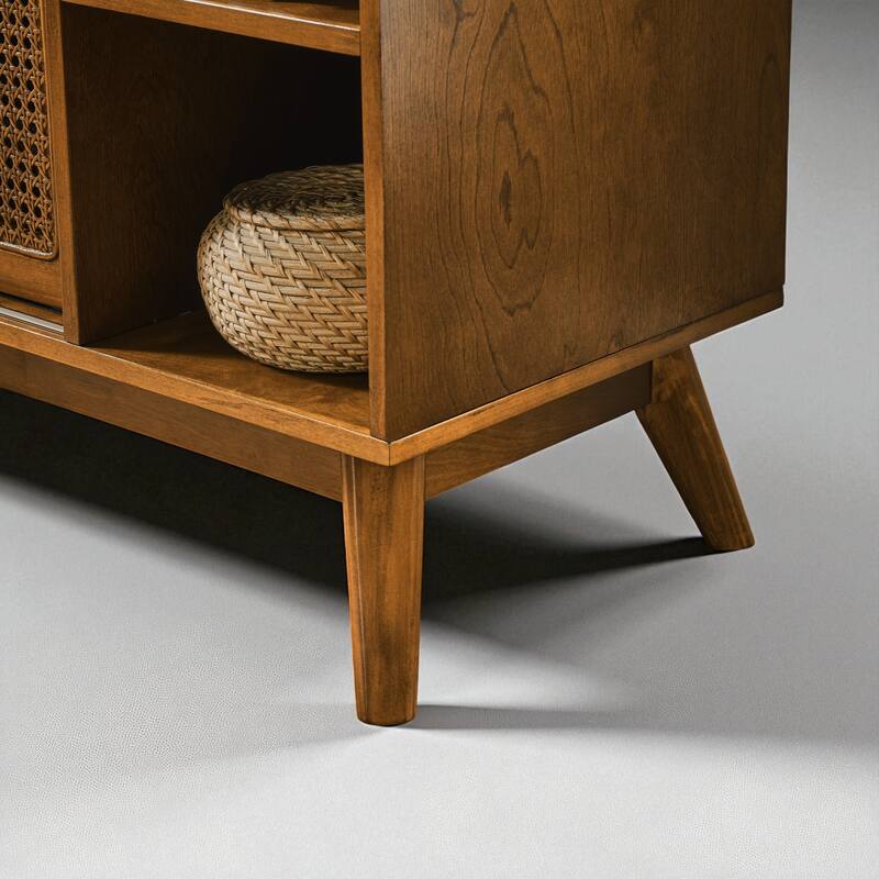 Mid-Century Rattan Sideboard Buffet Cabinet with Adjustable Shelves and Solid Wood Legs for Kitchen or Entryway