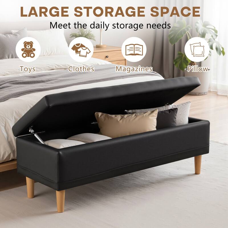 VECELO Black PU Leather Storage Bench 2 Styles with 4-Leg/Angled Legs Multifunctional Ottoman with Hinged Lid for Bedroom