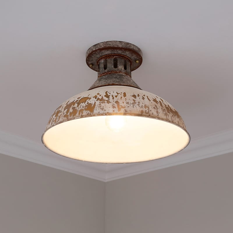 Kinsley Semi-Flush in Aged Galvanized Steel with Antique Ivory Shade - 15x9.625"