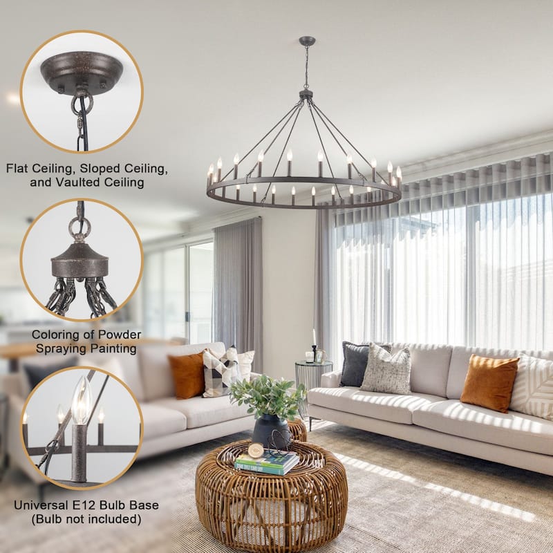 24 - Light 52in. Lagre Dimmable Wagon Wheel Chandelier Farmhouse Round Vintage Candle Style Light - N/A