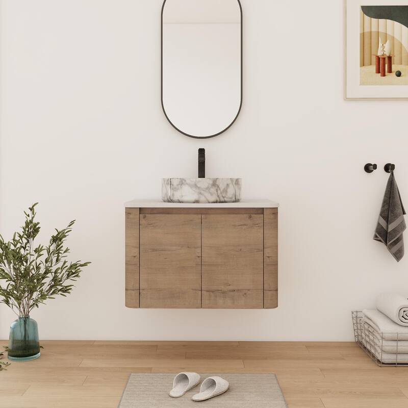 Bathroom Vanity With Sink In 24/30 Inch, Floating Bathroom Vanity With Soft Close Door - 29.5''W×18.6''D×24.4''H - Imitative Oak-White with grey patterns