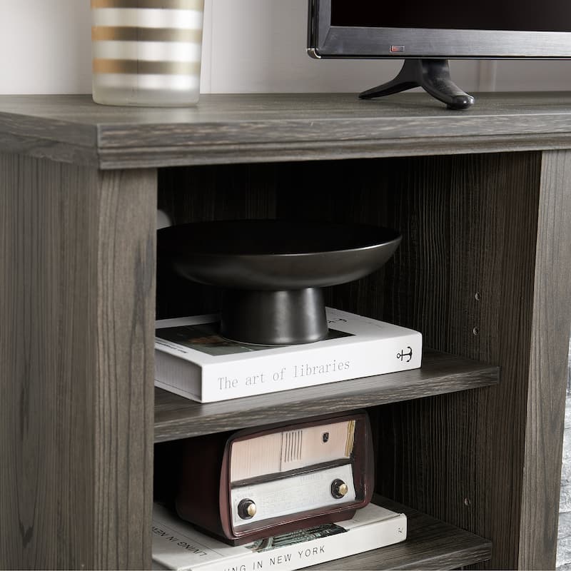 TV Media Stand with Faux Stacked Stone, Console Table with Large Storage Cabinet, Media Entertaionment Stand with Shelves