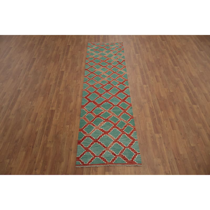 Hand Woven Oriental 100% Wool Carpet Southwestern All-Over Green Kilim Runner Rug - 9' 8'' X 2' 7''