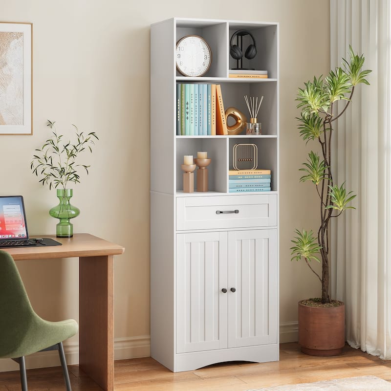 71'' H Bookcase with Doors, Storage Organizer with Drawer, Wooden Bookshelf with Storage Cabinet