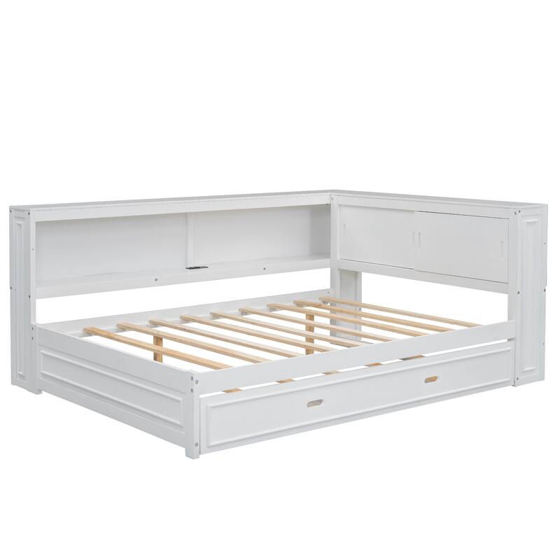 Full Size Wood Daybed with Storage Shelves, USB, LED, and Trundle