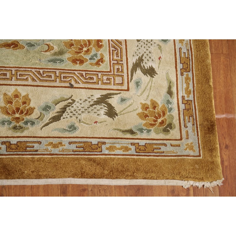 Hand Knotted Oriental Silk Carpet Traditional Medallion Green Art Deco Area Rug - 9' 0'' X 6' 0''