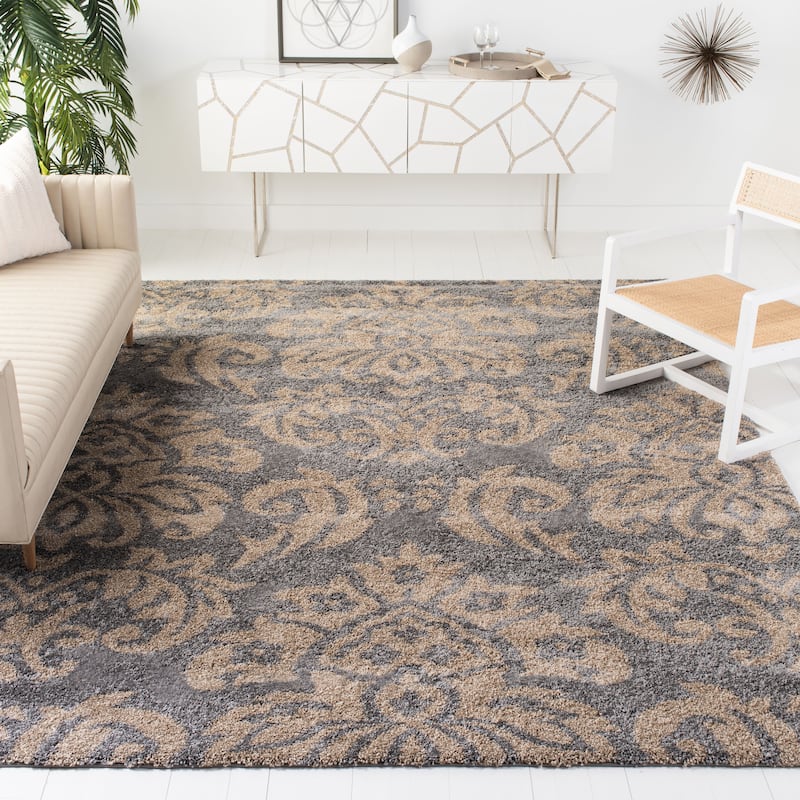 SAFAVIEH Florida Shag Aurkene Floral Damask 1.2-inch Thick Rug - 5'3" x 7'6" - Grey/Beige