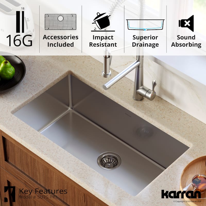 Karran 32" Undermount 16-Gauge Stainless Steel Extra Large Single Bowl Kitchen Sink Kit