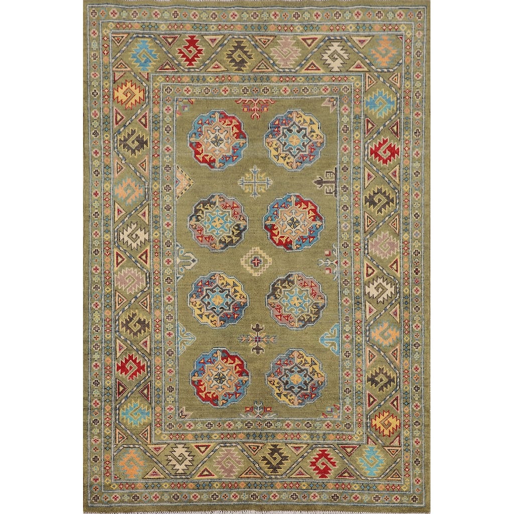 Geometric Kazak Oriental Area Rug Handmade Green Wool Carpet - 4'0" x 6'2"