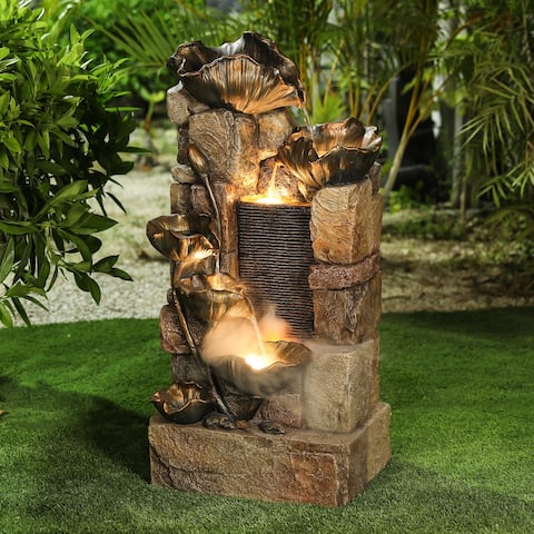 40" Tall Resin Hibiscus Flowers Outdoor Fountain With LED Light - 39.2" H x 19.9" W x 15" D