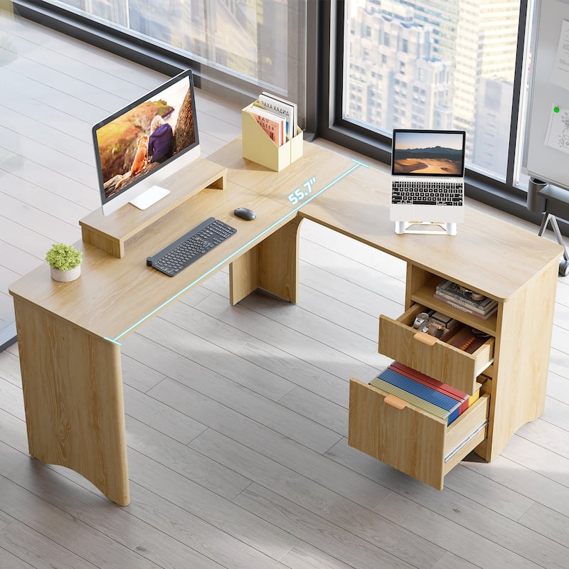 Bestier 56"W Modern L-Shaped Corner Computer Desk With Filing Drawer