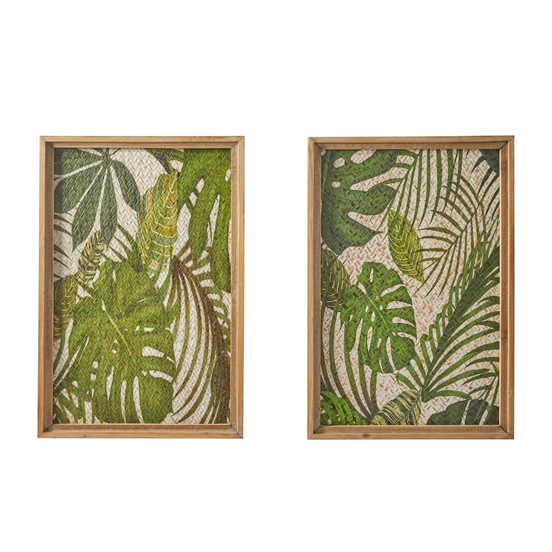Wood Leaf Tropical Wall Decor with Brown Frame - Set of 2 Green - Roche River Decor