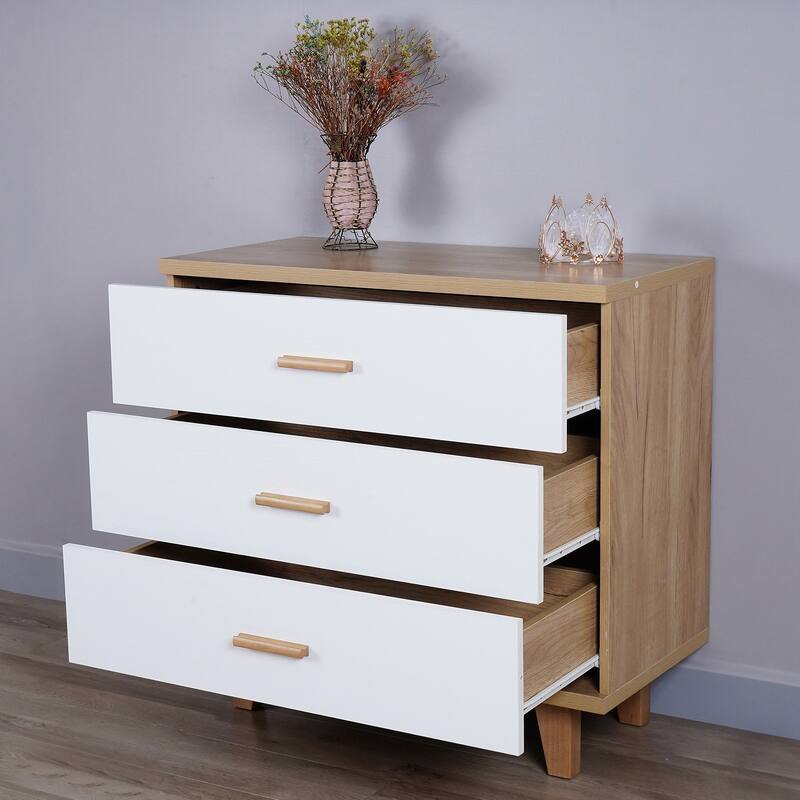 Three Drawer Storage Cabinet Dresser Bedside Table Chest Solid Wood Feet and Handles