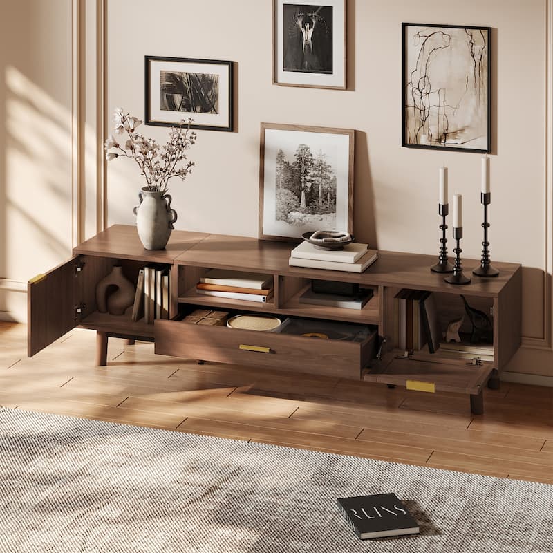 Roomfitters Modern TV Stand for 75 Inch TV, Cabinet with Soft Closing Door and Drop Down Door, Living Room Console, Walnut