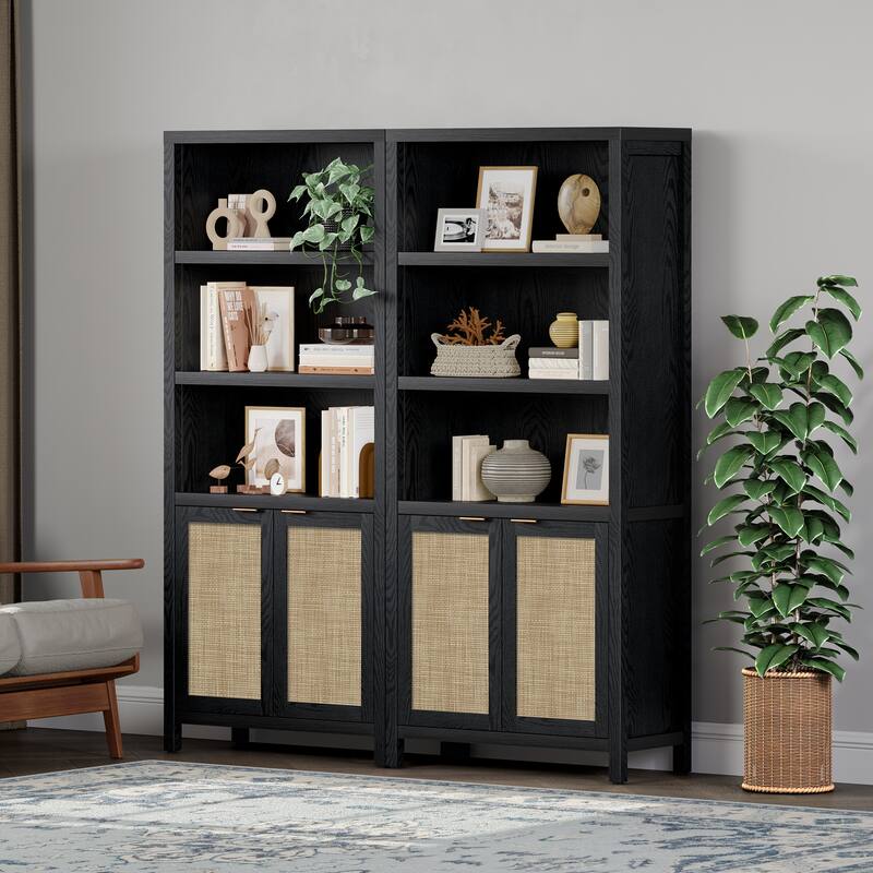 SICOTAS 5 Tier Adjustable Bookcase with Rattan Storage Cabinet